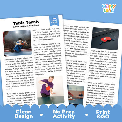 Table Tennis Sports Reading Passages and Comprehension Questions Worksheets