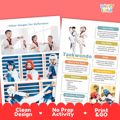Two printed activity sheets for a Taekwondo sport research project, displayed on a coral pink background with promotional text reading 'Clean Design', 'No Prep Activity', and 'Print & GO'. The sheets contain photos of children in red and white uniforms, informational text boxes, and a small 'Wiffly land' logo in the top right.