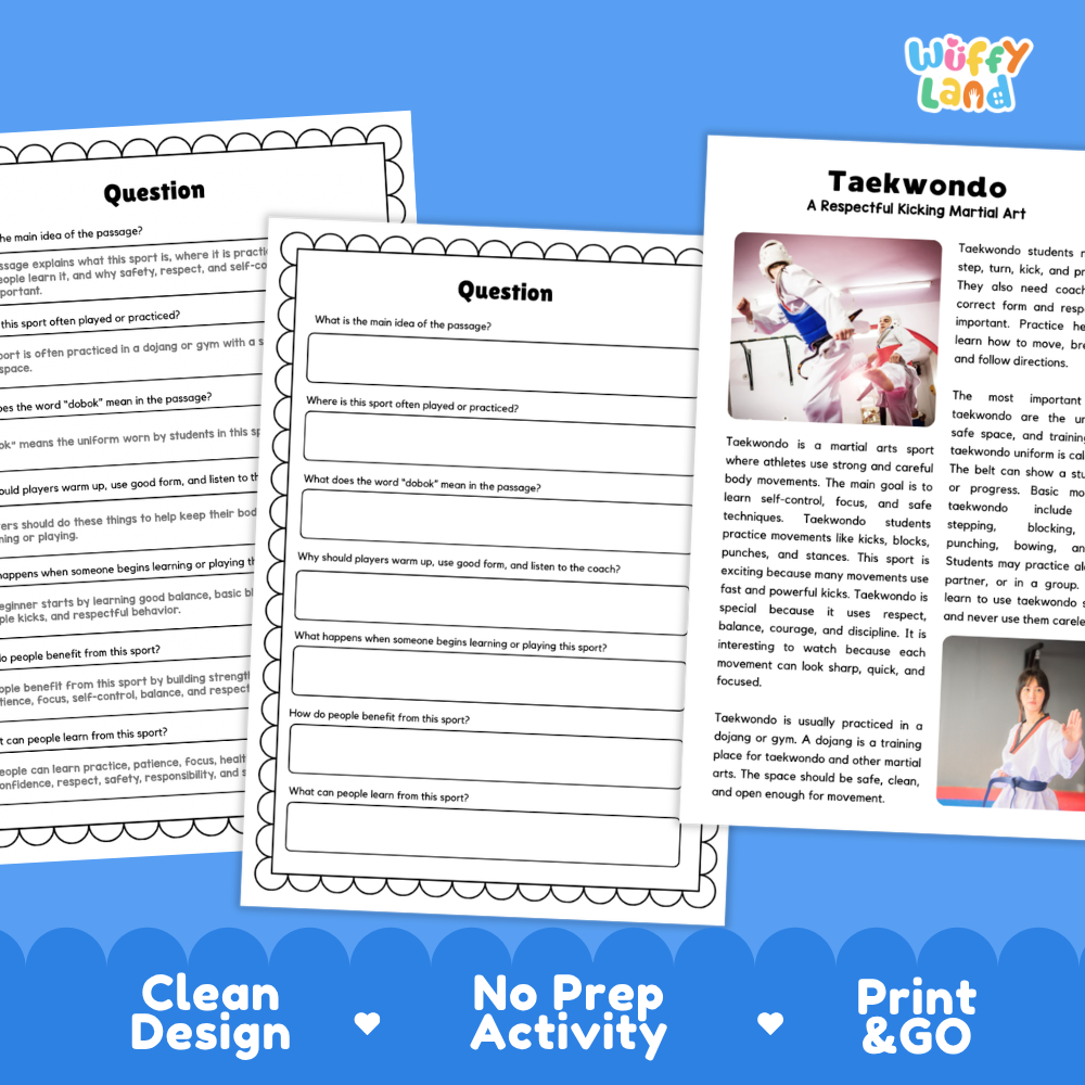 Taekwondo Sports Reading Passages and Comprehension Questions Worksheets