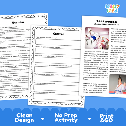 Taekwondo Sports Reading Passages and Comprehension Questions Worksheets