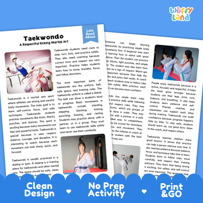 Taekwondo Sports Reading Passages and Comprehension Questions Worksheets