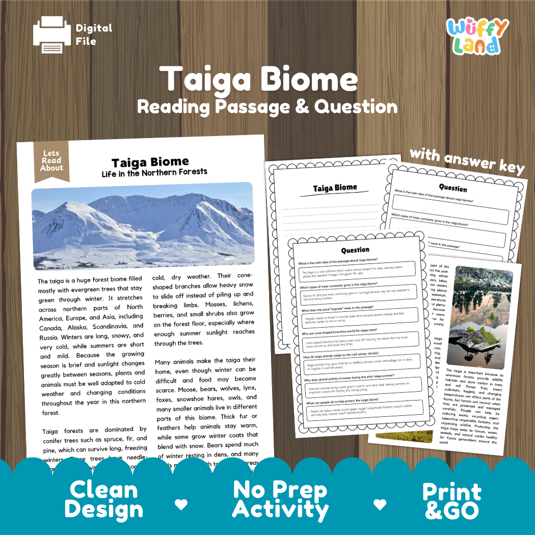 Taiga Biome reading comprehension passage and questions printable activity pack with answer key for elementary students