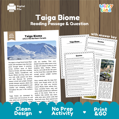 Taiga Biome reading comprehension passage and questions printable activity pack with answer key for elementary students