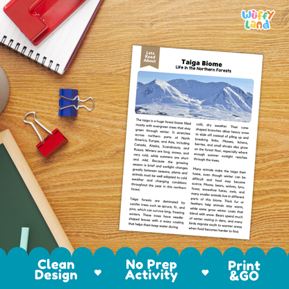Student reading comprehension worksheet with short-answer questions and lined sections about the taiga biome