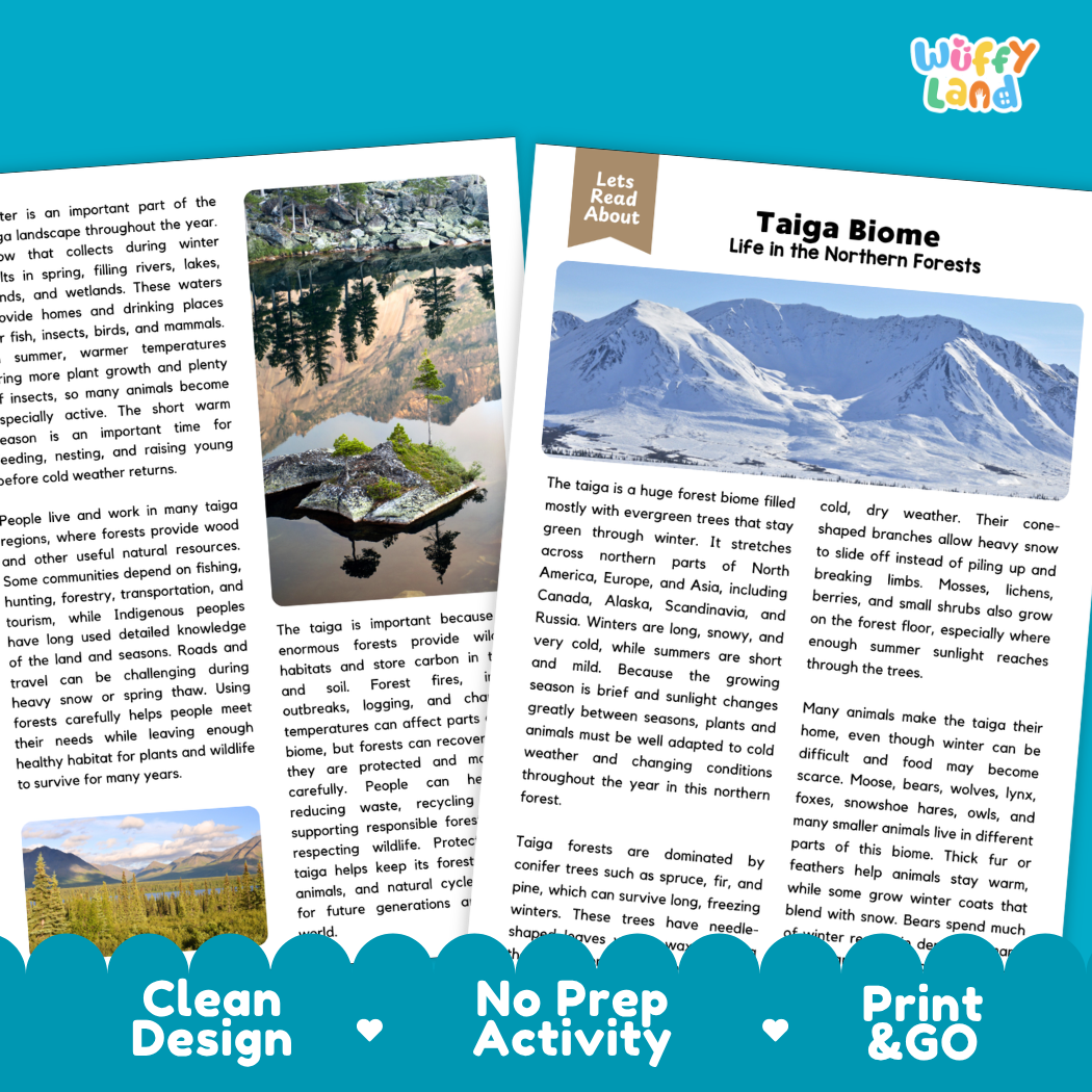 Teacher answer key page showing complete question solutions for Taiga Biome Earth science and biology reading comprehension practice