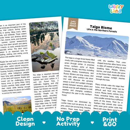 Teacher answer key page showing complete question solutions for Taiga Biome Earth science and biology reading comprehension practice