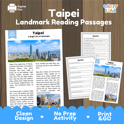 Taipei landmark reading passage and comprehension worksheet educational unit featuring nonfiction text and authentic Taipei 101 skyline photography