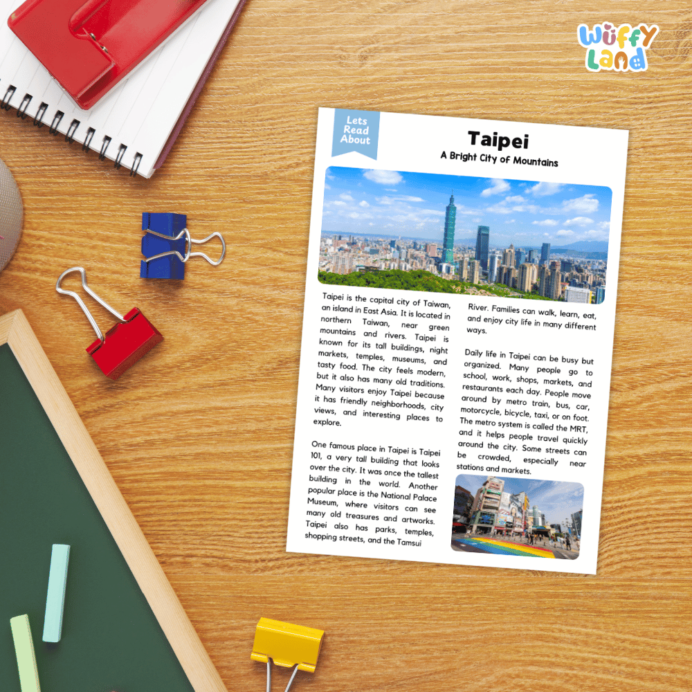 Lined reading comprehension question worksheet covering main ideas vocabulary terms and landmark facts about Taipei Taiwan