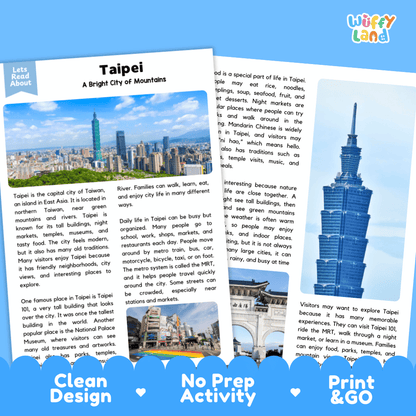 Reference sheet and answer key for Taipei landmark reading passage displaying completed comprehension answers and East Asian geography facts