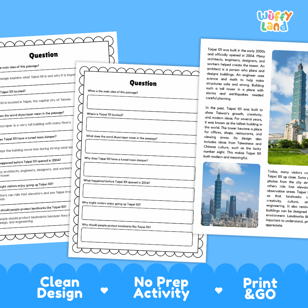 Taipei 101 Landmark Reading Passages and Comprehension Worksheets