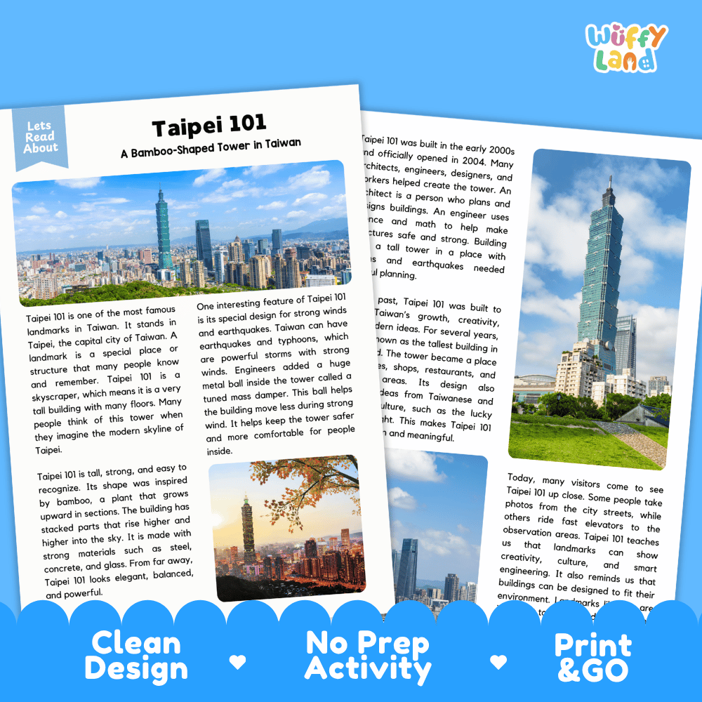 Taipei 101 Landmark Reading Passages and Comprehension Worksheets