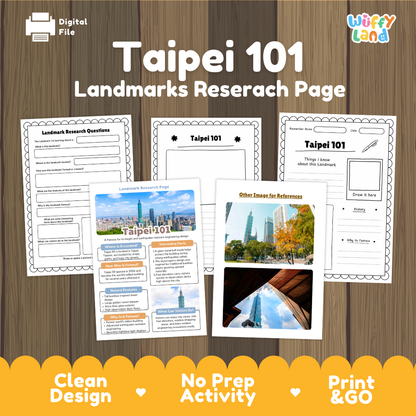 Digital preview of a 'Taipei 101 Landmarks Research Page' activity sheet set by Wiffy Land, displayed on a wood-grain background with promotional text at the bottom.