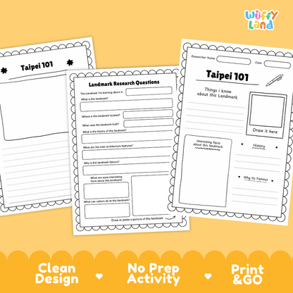 Three printable worksheet pages for Taipei 101 displayed on a warm yellow background. The sheets include labeled sections, fill-in lines, and a drawing area, with the brand name 'Wiffy Land' in the top right corner and marketing text along the bottom.