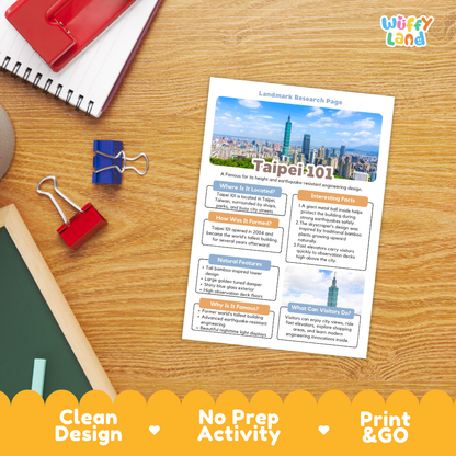 An educational activity sheet titled 'Taipei 101 Landermark Research Page' displayed on a wooden desk with school supplies. The sheet features a colorful cityscape of Taipei 101 and text boxes about the landmark building.