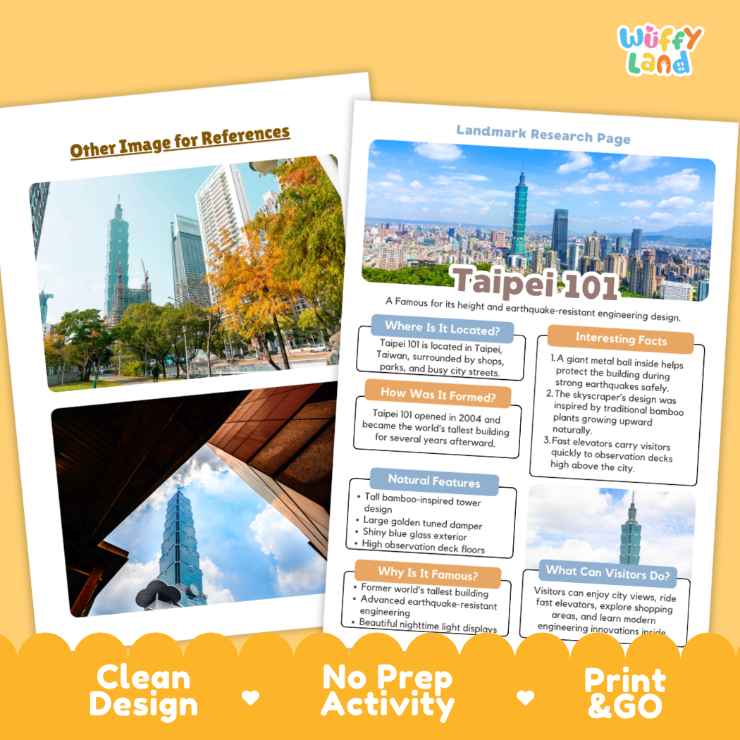 A printed educational travel poster about Taipei 101 displayed on a white background, with two overlapping sample photos of the landmark and a yellow promotional banner at the bottom reading 'Other Image for References,' 'Clean Design,' 'No Prep Activity,' and 'Print & GO.' The poster itself is the product being shown in a clean product-style layout rather than a real environment, so subject_type is Product/Packaging.