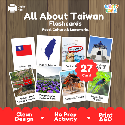 Shifen lantern release coloring page paired with real photo flashcards of Chiang Kai-shek Memorial Hall, Alishan Forest Railway, and Taiwan Blue Magpie