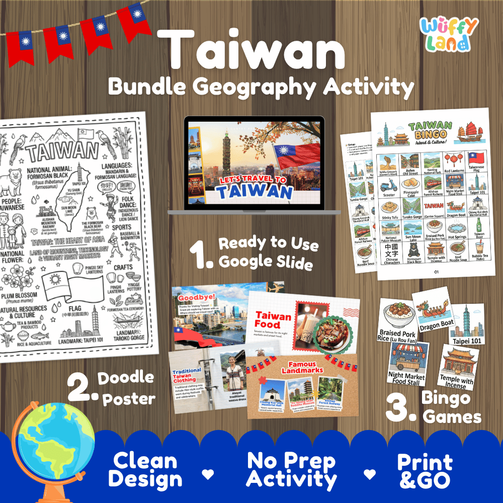 Complete Taiwan geography activity bundle featuring Google Slides, doodle coloring poster, and classroom bingo games 🇹🇼🎒
