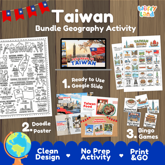 Complete Taiwan geography activity bundle featuring Google Slides, doodle coloring poster, and classroom bingo games 🇹🇼🎒