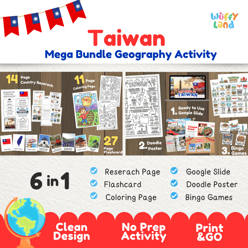 Complete Taiwan geography activity bundle featuring Google Slides, doodle coloring poster, and classroom bingo games 🇹🇼🎒