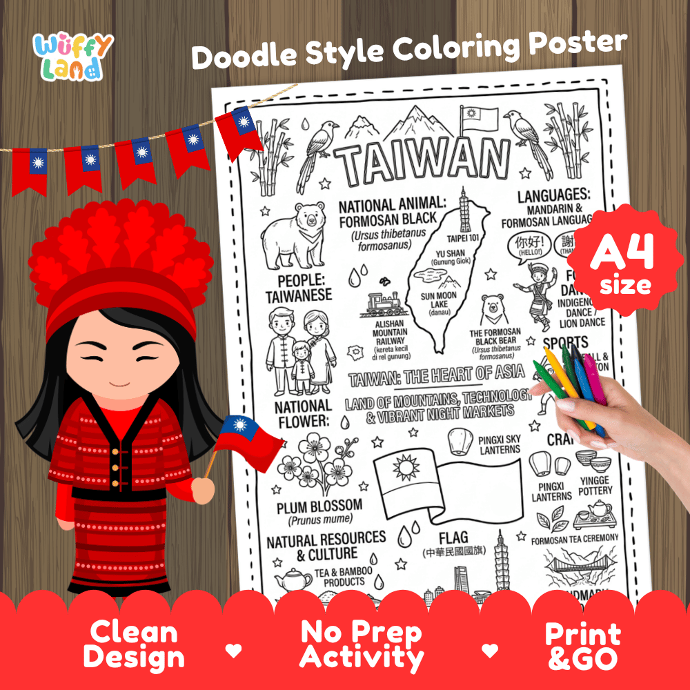 Taiwan country study doodle style coloring poster printable page featuring map, Taipei 101, and cultural symbols