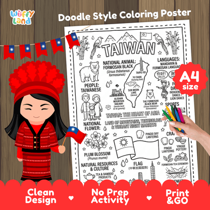 Taiwan country study doodle style coloring poster printable page featuring map, Taipei 101, and cultural symbols