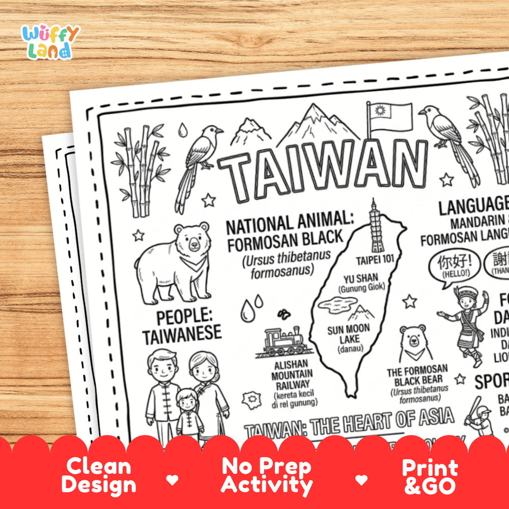 Cultural coloring page featuring traditional Taiwanese indigenous attire, Pingxi sky lanterns, tea ceremony, and Ni Hao greeting speech bubbles