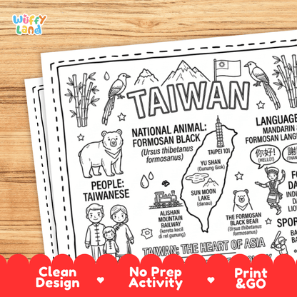 Cultural coloring page featuring traditional Taiwanese indigenous attire, Pingxi sky lanterns, tea ceremony, and Ni Hao greeting speech bubbles