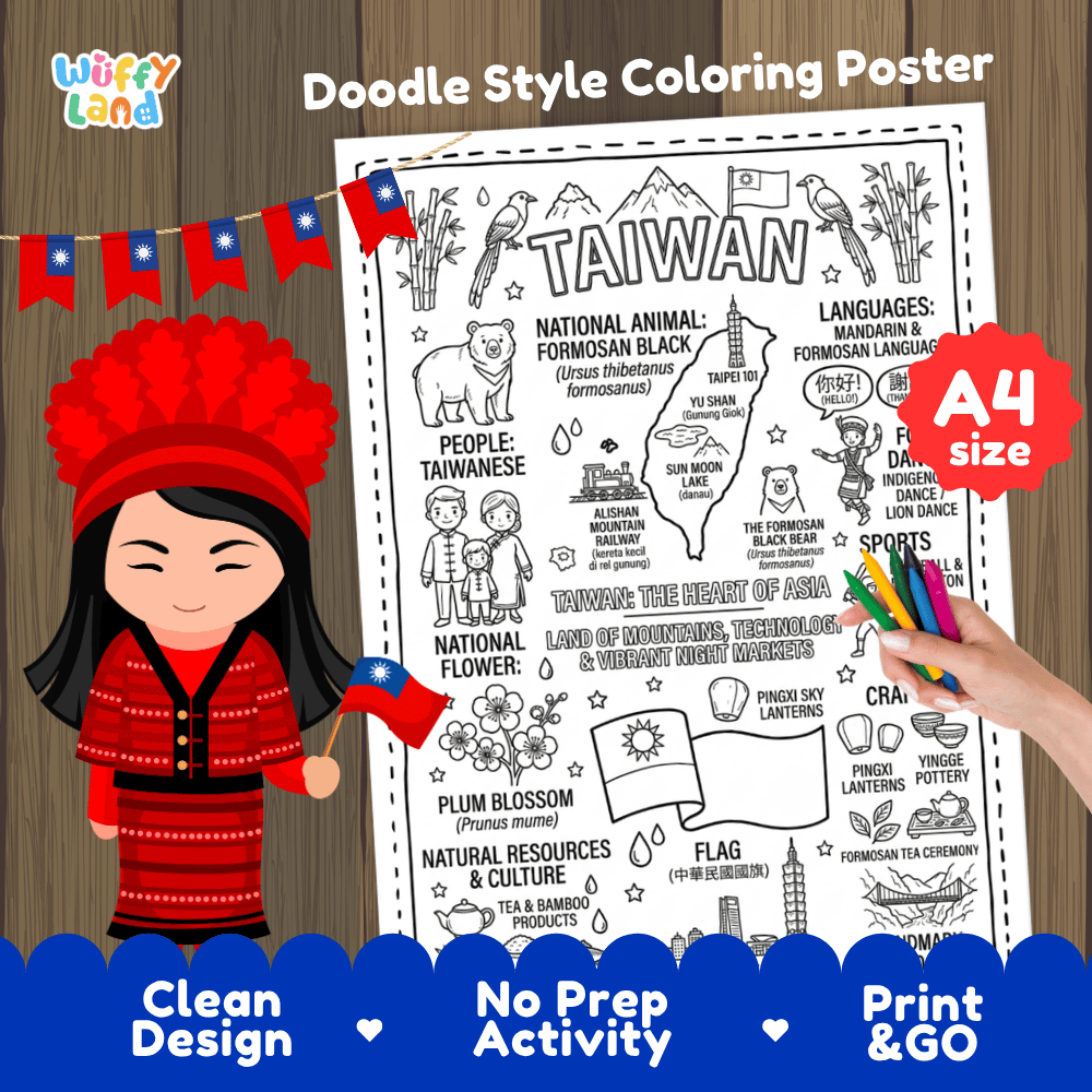Printable A4 doodle coloring poster highlighting Taiwan island map, Formosan Black Bear, Taipei 101, and tea culture 🎨🐻