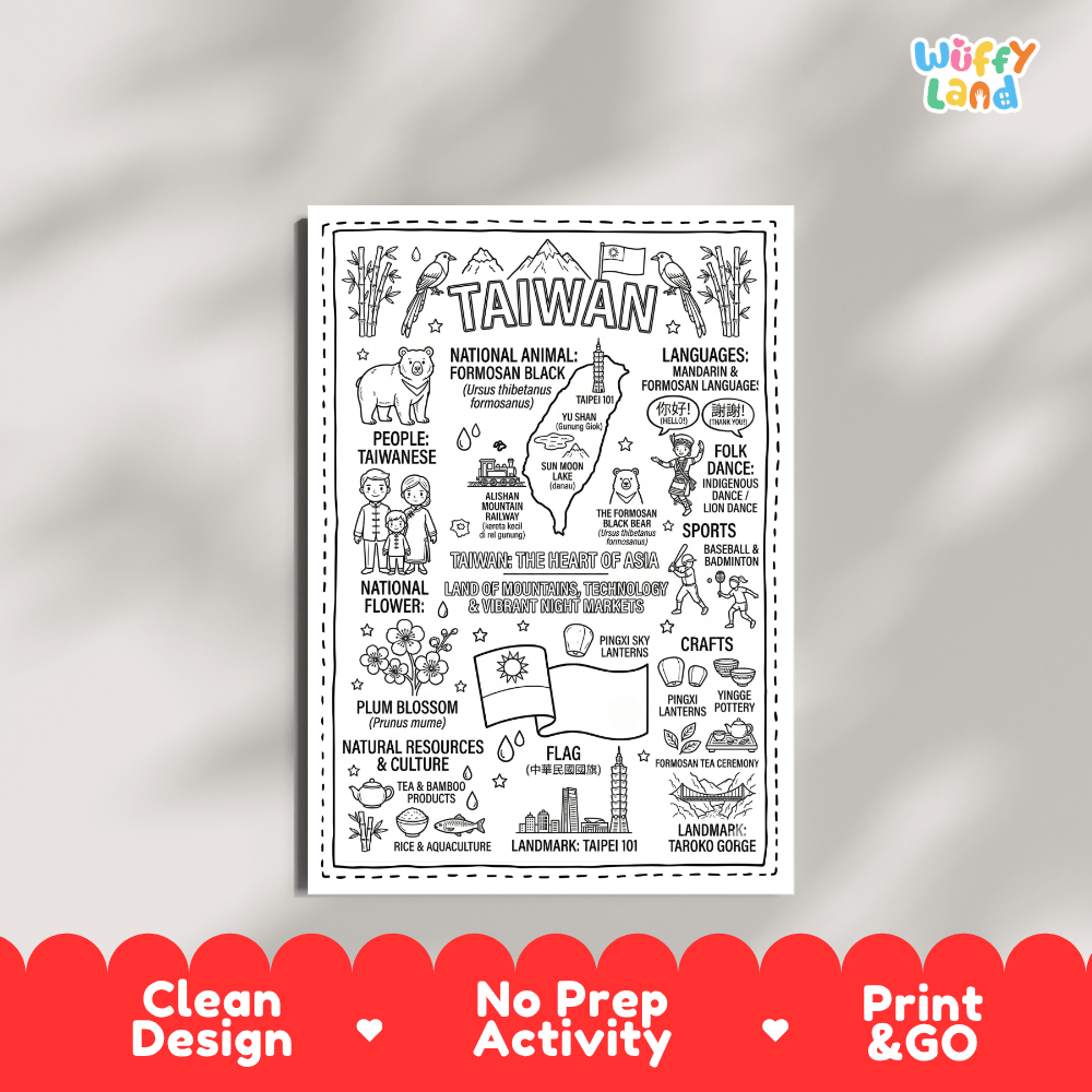Educational activity coloring page highlighting Taiwan Formosan Black Bear, Plum Blossom flower, and national flag