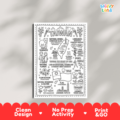 Educational activity coloring page highlighting Taiwan Formosan Black Bear, Plum Blossom flower, and national flag