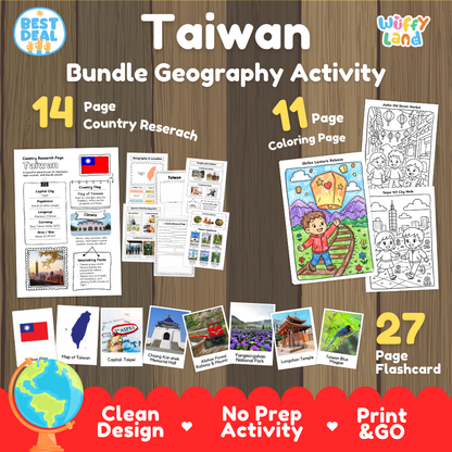 Taiwan geography activity bundle cover showing 14 country research pages, 11 coloring pages, and 27 photo flashcards