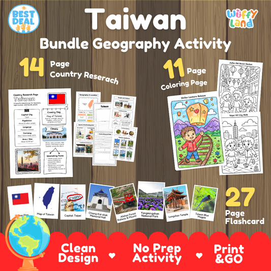 Taiwan geography activity bundle cover showing 14 country research pages, 11 coloring pages, and 27 photo flashcards