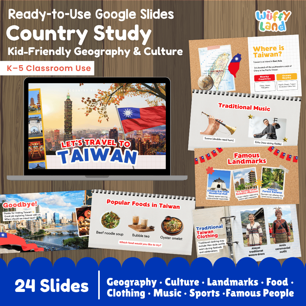 Interactive Google Slides deck displaying famous Taiwanese landmarks like Taipei 101 and popular night market foods 💻🏙️