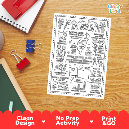 Doodle map coloring sheet showing Taiwan, Taipei 101, Yu Shan mountain, Sun Moon Lake, and Alishan railway