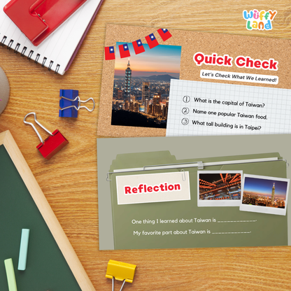 A school-themed educational activity sheet from Wiffy Land titled 'Quick Check' and 'Reflection' laid out on a wooden desk with notebooks, binder clips, chalk, and other classroom props.