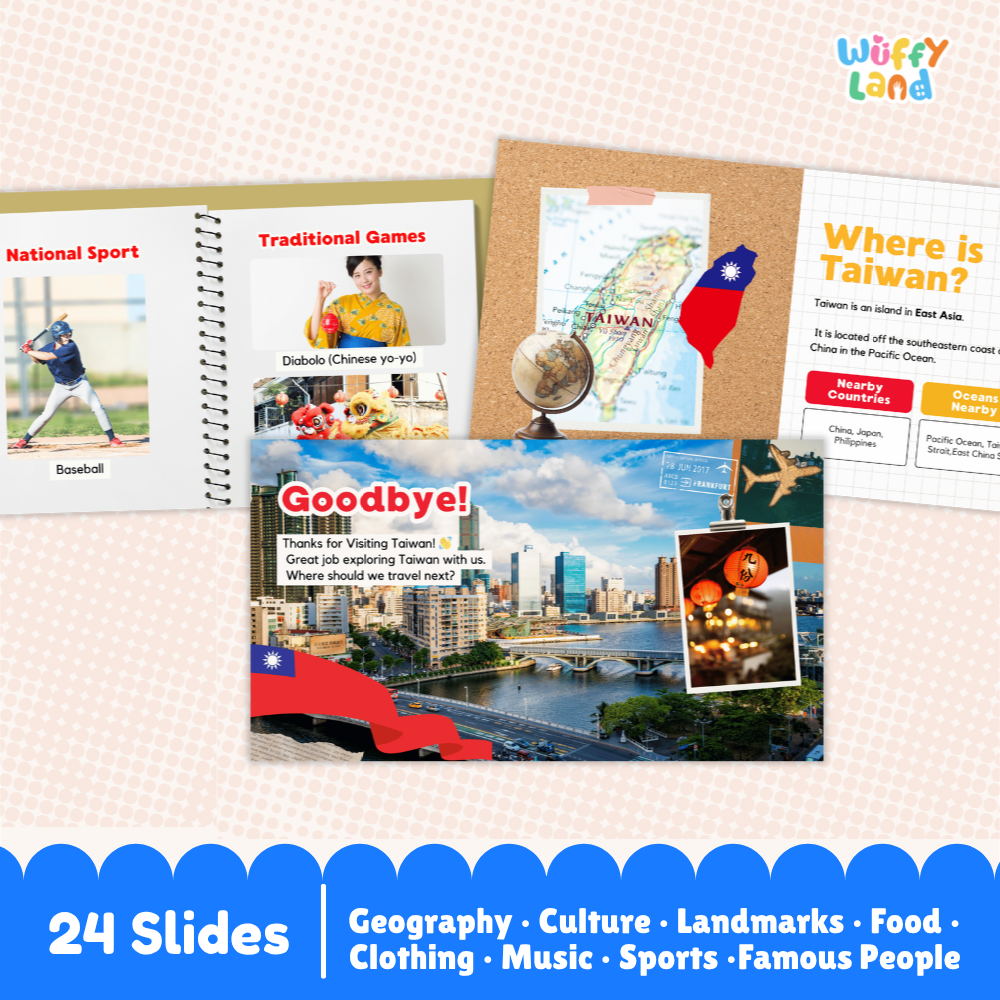 A set of educational travel-themed slides for teaching Taiwan, featuring 24 slides from the brand Wuffy Land. The slides are displayed in a collage format with a light pink checkered background, showing various topics like national sports, traditional games, a map, and landmarks of Taiwan.