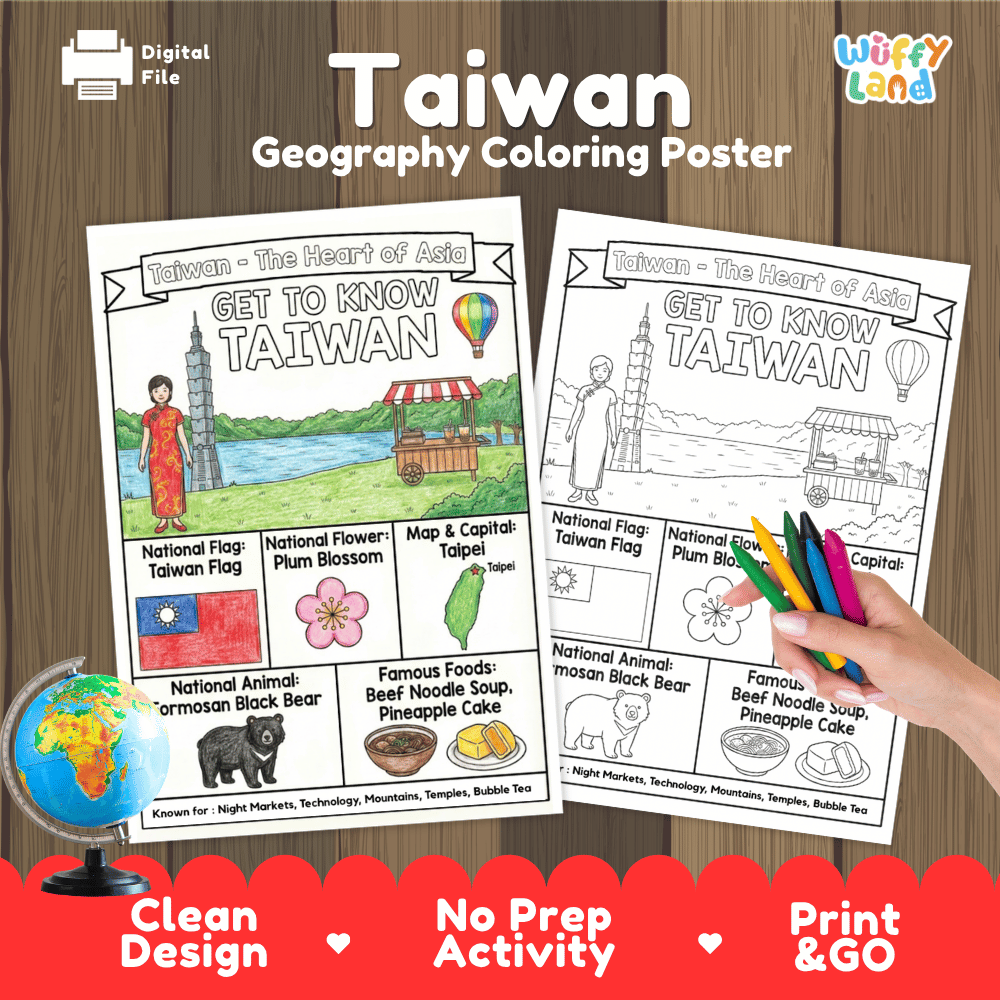 Taiwan Geography Coloring Poster and Fact Sheet Printables