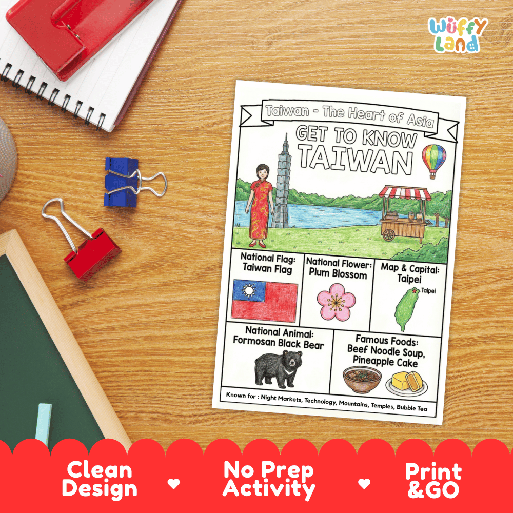 Taiwan Geography Coloring Poster and Fact Sheet Printables