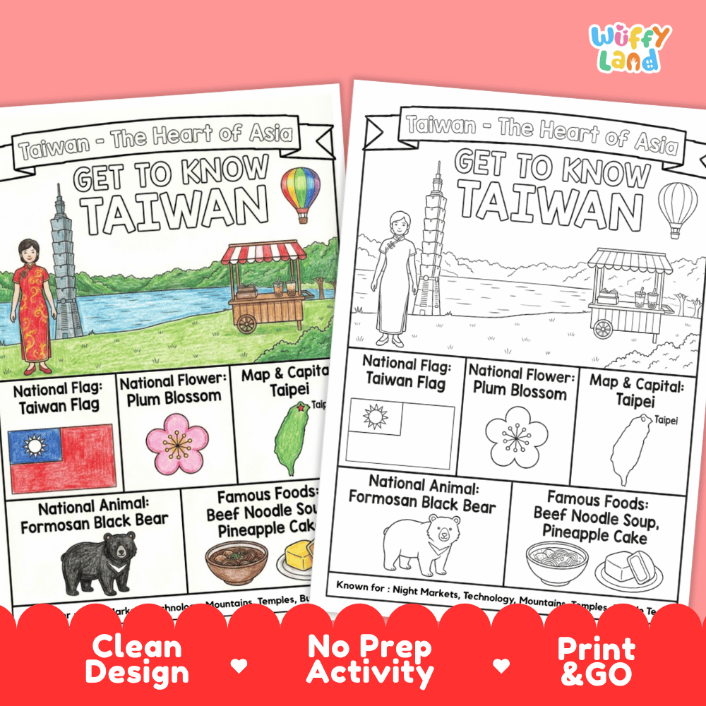 Taiwan Geography Coloring Poster and Fact Sheet Printables