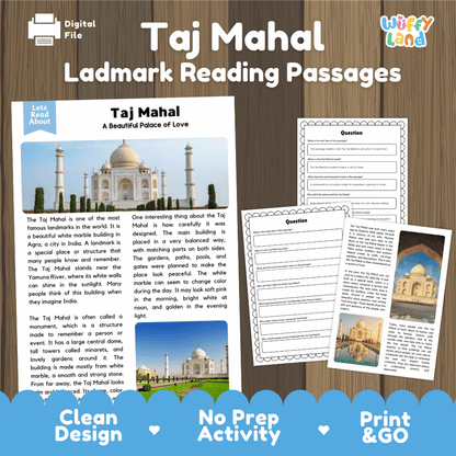 Taj Mahal Landmark Reading Passages and Comprehension Worksheets