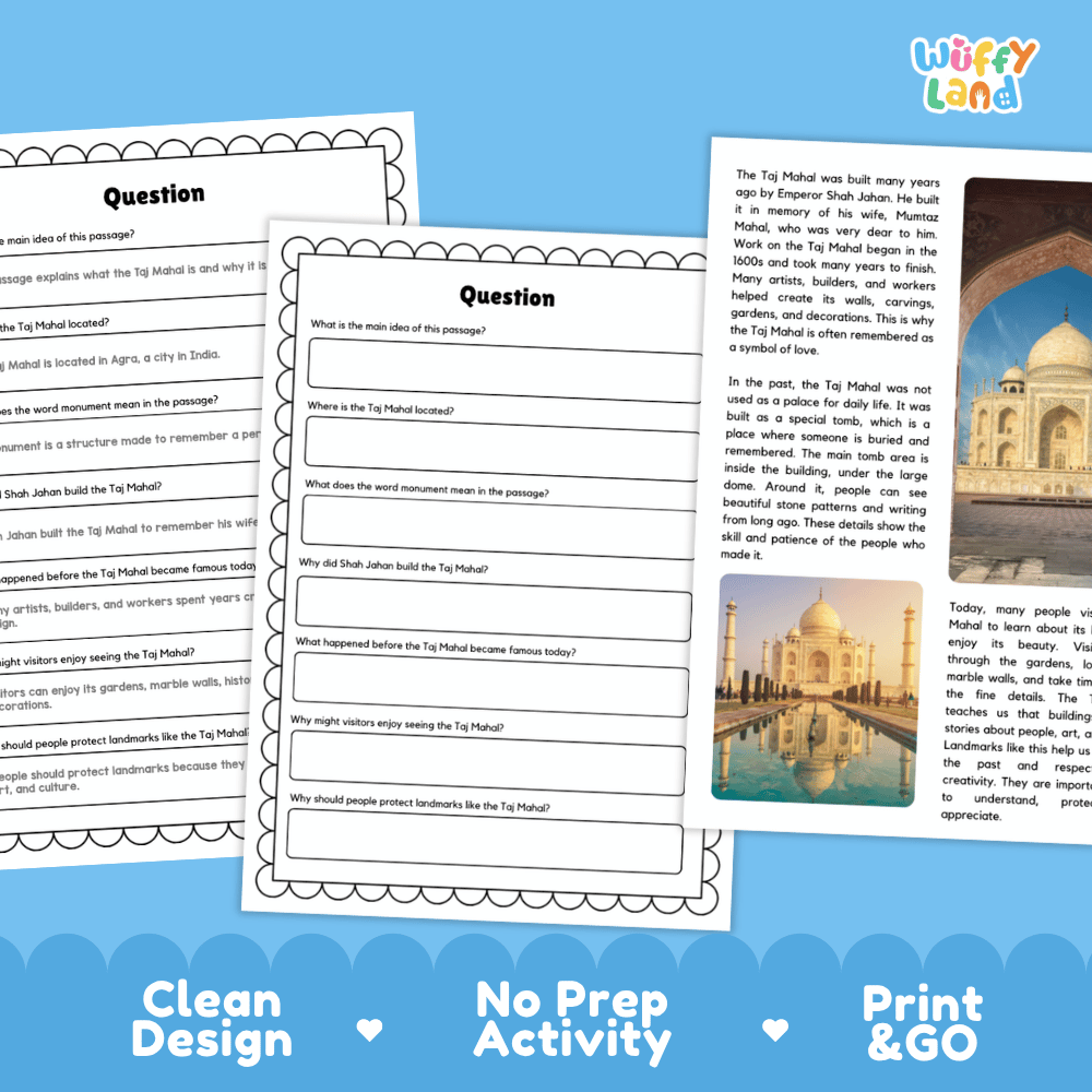 Taj Mahal Landmark Reading Passages and Comprehension Worksheets
