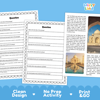 Taj Mahal Landmark Reading Passages and Comprehension Worksheets