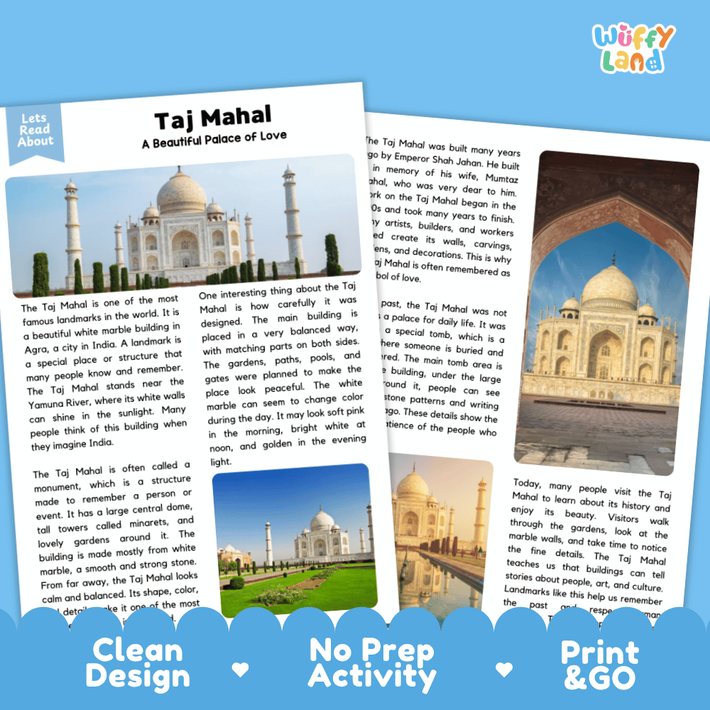 Taj Mahal Landmark Reading Passages and Comprehension Worksheets