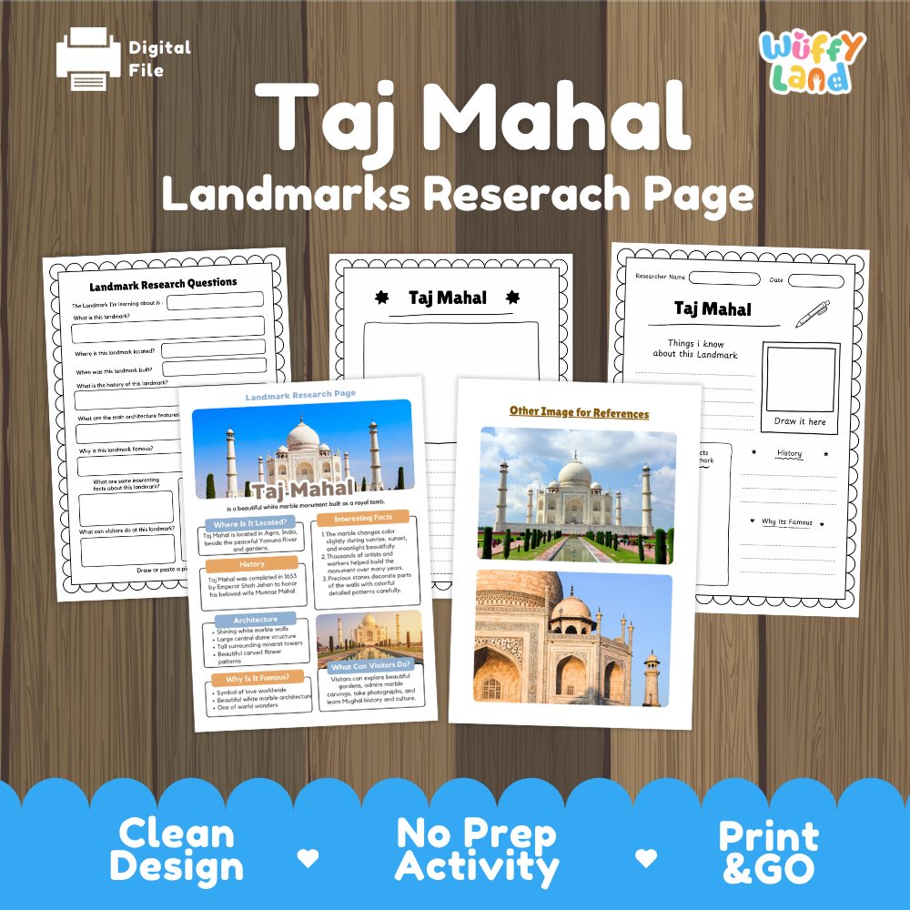 Taj Mahal landmarks research page activity sheet bundle by Wiffy Land, displayed on a wood-grain background. The image shows several printable worksheet pages with text fields, images of the Taj Mahal, and informational panels, along with marketing text at the bottom: 'Clean Design', 'No Prep Activity', and 'Print & GO'.