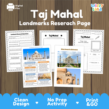 Taj Mahal landmarks research page activity sheet bundle by Wiffy Land, displayed on a wood-grain background. The image shows several printable worksheet pages with text fields, images of the Taj Mahal, and informational panels, along with marketing text at the bottom: 'Clean Design', 'No Prep Activity', and 'Print & GO'.