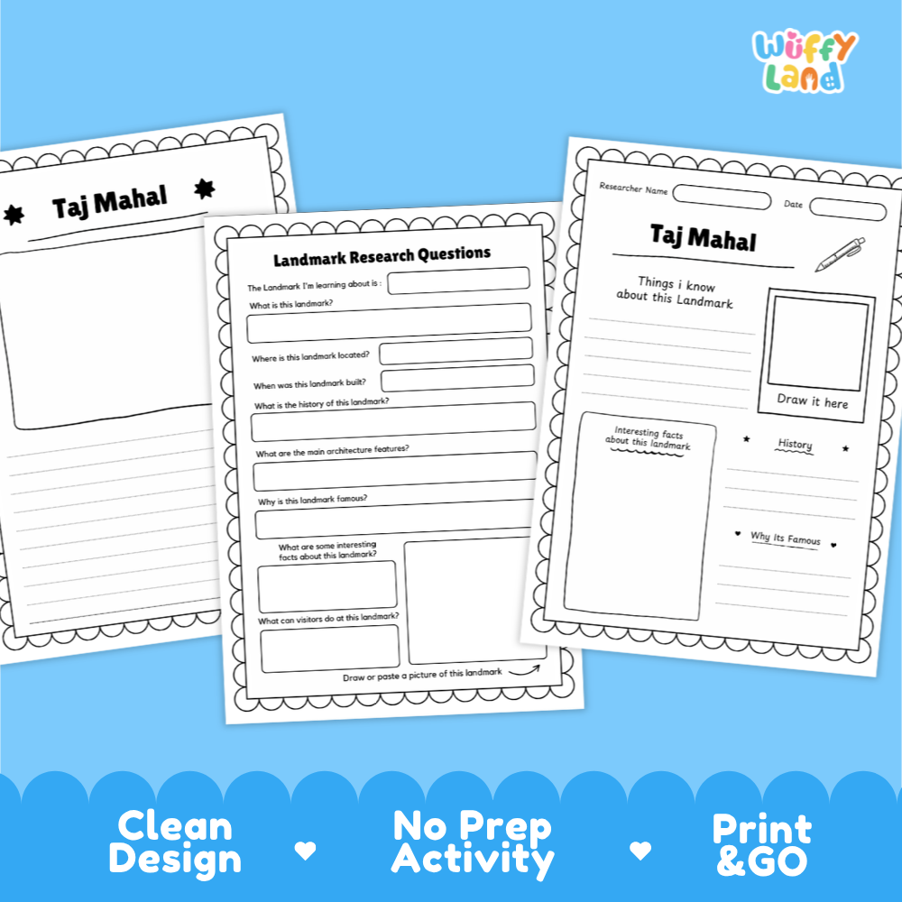 Three printable activity sheets for Taj Mahal research displayed on a bright blue background. The sheets are labeled Taj Mahal and contain writing and drawing prompts.