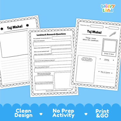 Three printable activity sheets for Taj Mahal research displayed on a bright blue background. The sheets are labeled Taj Mahal and contain writing and drawing prompts.