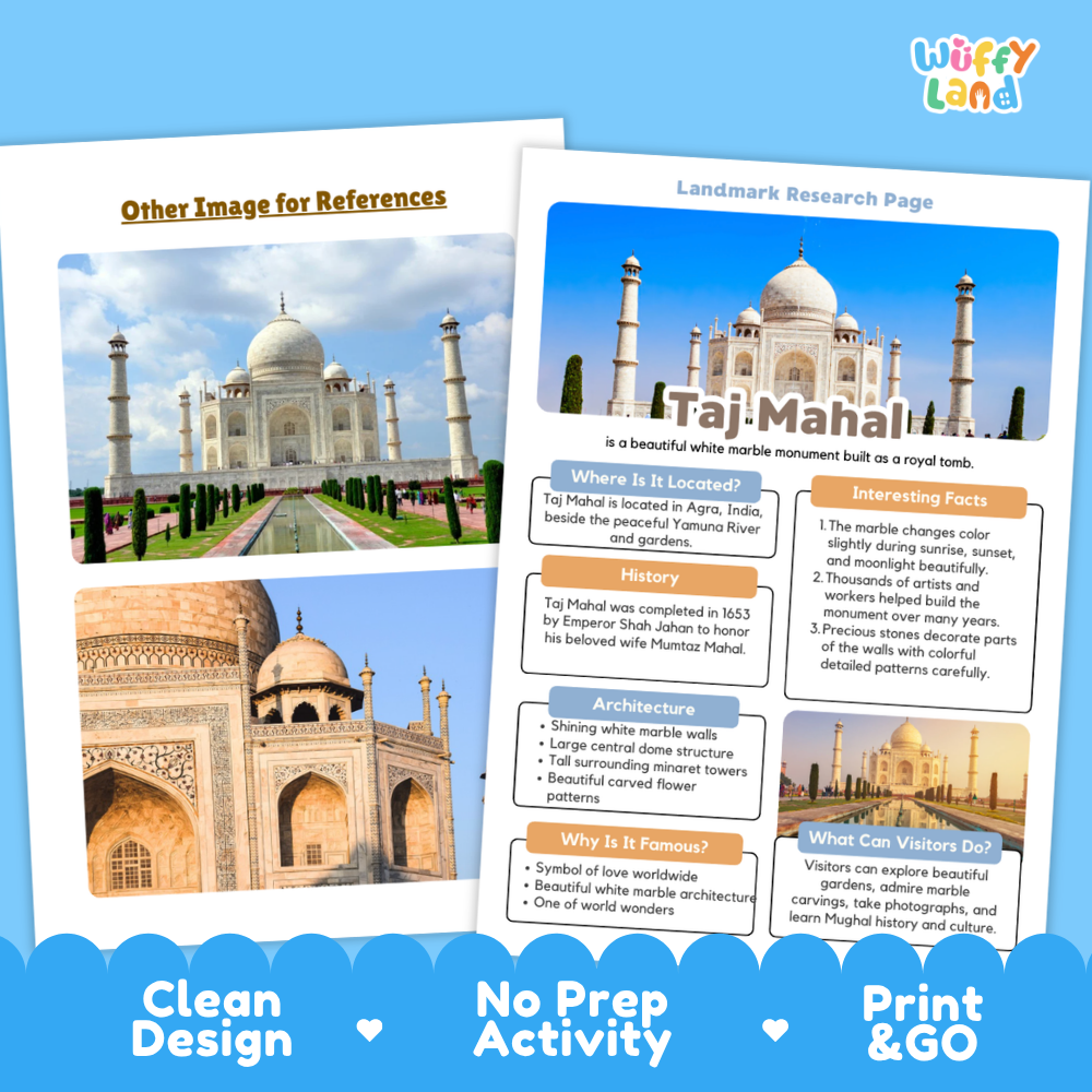 An educational activity sheet titled 'Taj-Mahal' from the brand 'Wiffy Land', featuring a large photograph of the Taj Mahal and multiple text boxes detailing its history, architecture, and facts. The sheet is displayed on a light blue background with a 'Clean Design', 'No Prep Activity', and 'Print & GO' banner at the bottom.