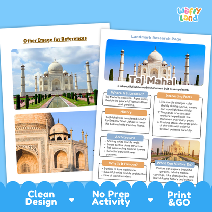 An educational activity sheet titled 'Taj-Mahal' from the brand 'Wiffy Land', featuring a large photograph of the Taj Mahal and multiple text boxes detailing its history, architecture, and facts. The sheet is displayed on a light blue background with a 'Clean Design', 'No Prep Activity', and 'Print & GO' banner at the bottom.