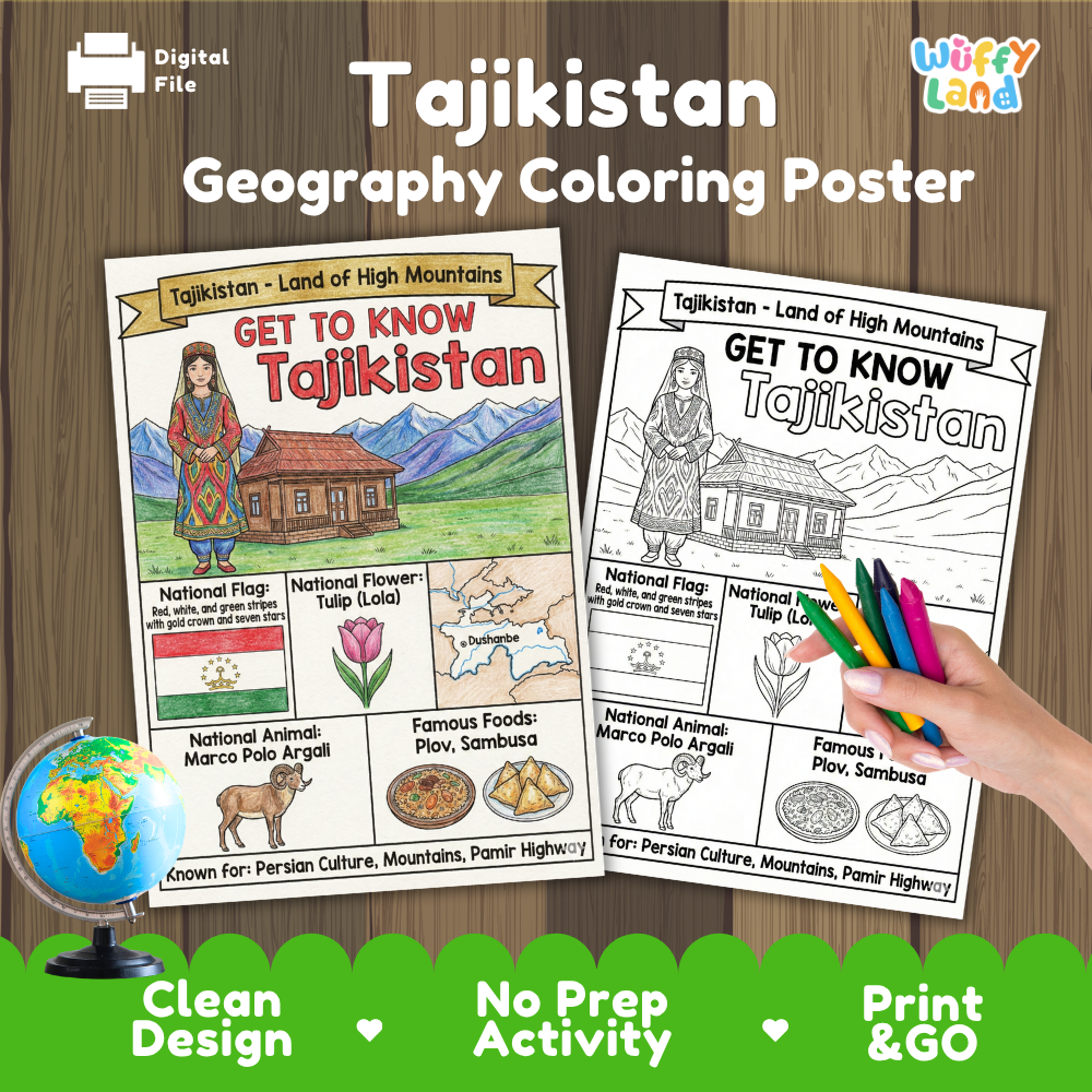 Get to know Tajikistan coloring poster paired with photo flashcards of Seven Lakes Haft Kul, Dushanbe Flagpole, and Oshi Palov national dish